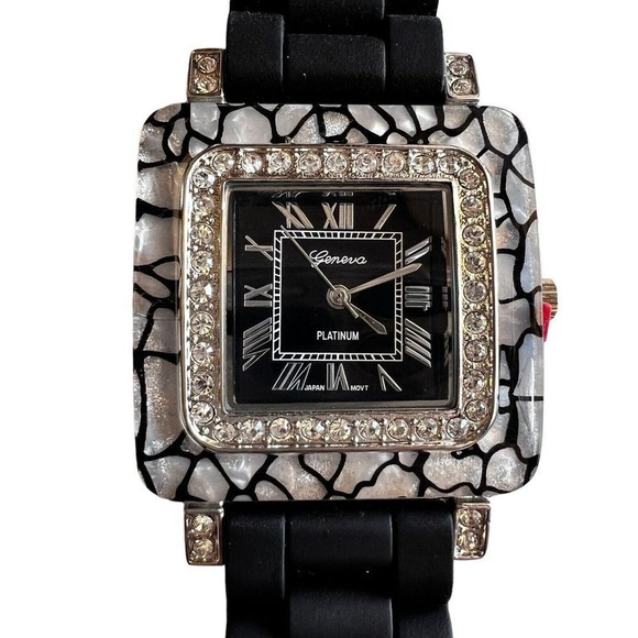 GENEVA PLATINUM 6880 Women's Watch Roman Numerals Black Silicone Band‎ Crystals - Picture 1 of 12